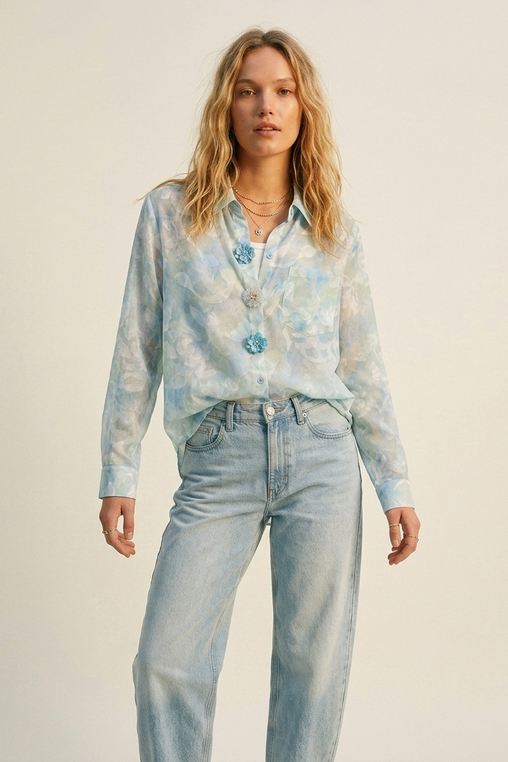 chiffon Lightweight Floral Print Button-Up Shirt in light blue - Shirts