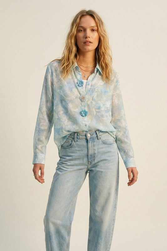 chiffon Lightweight Floral Print Button-Up Shirt in light blue - Shirts