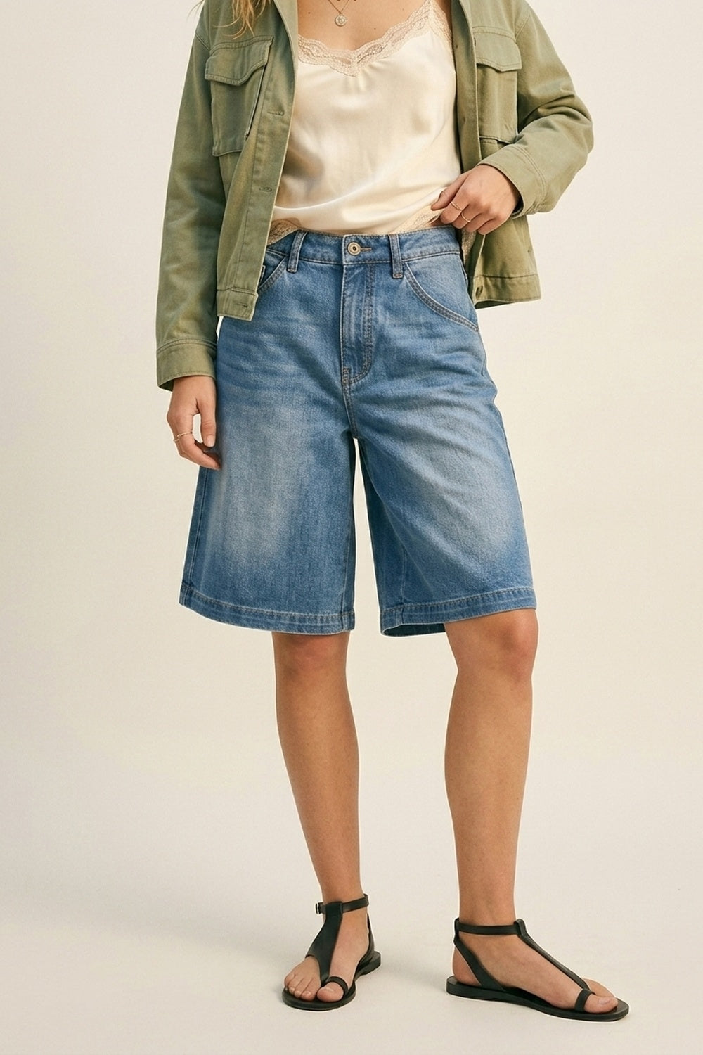 Blue Light Wash Denim Wide-Leg Shorts - Denim