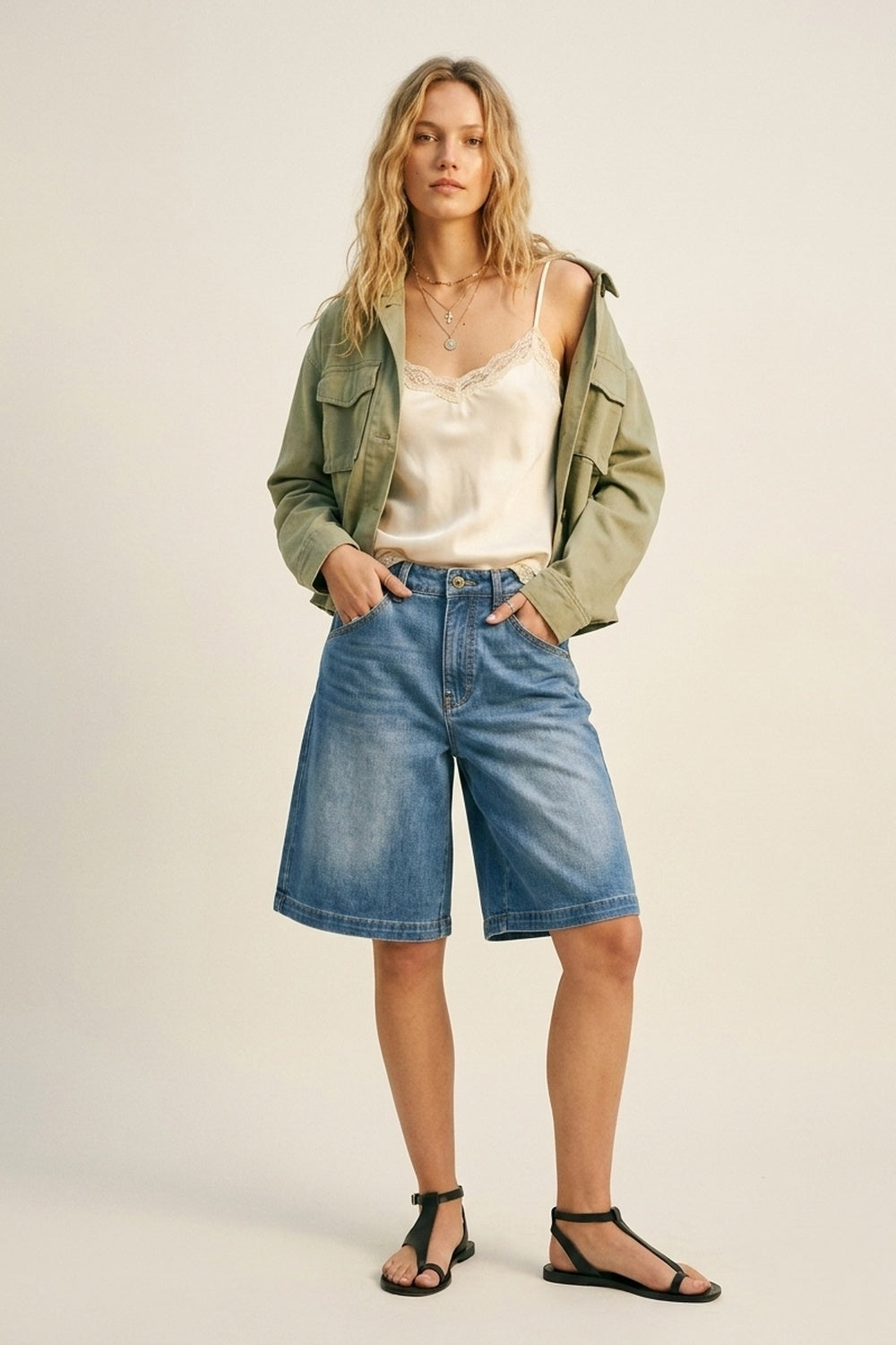 Blue Light Wash Denim Wide-Leg Shorts - Denim