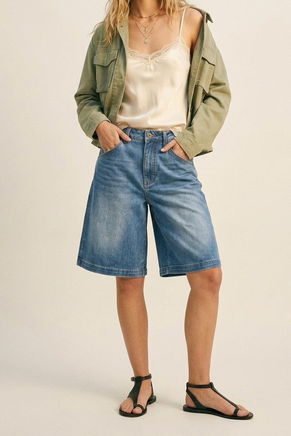 Blue Light Wash Denim Wide-Leg Shorts - Denim