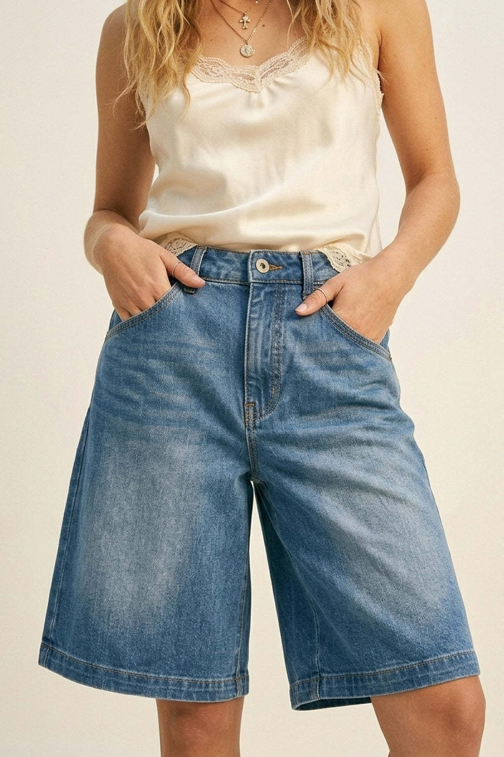 Blue Light Wash Denim Wide-Leg Shorts - Denim