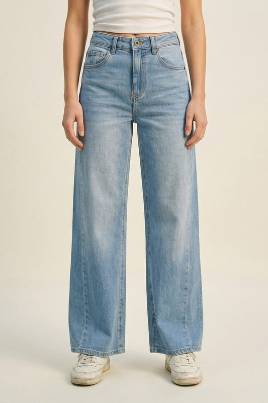 Light Blue Wide-Leg High-Waist Denim Jeans - Denim