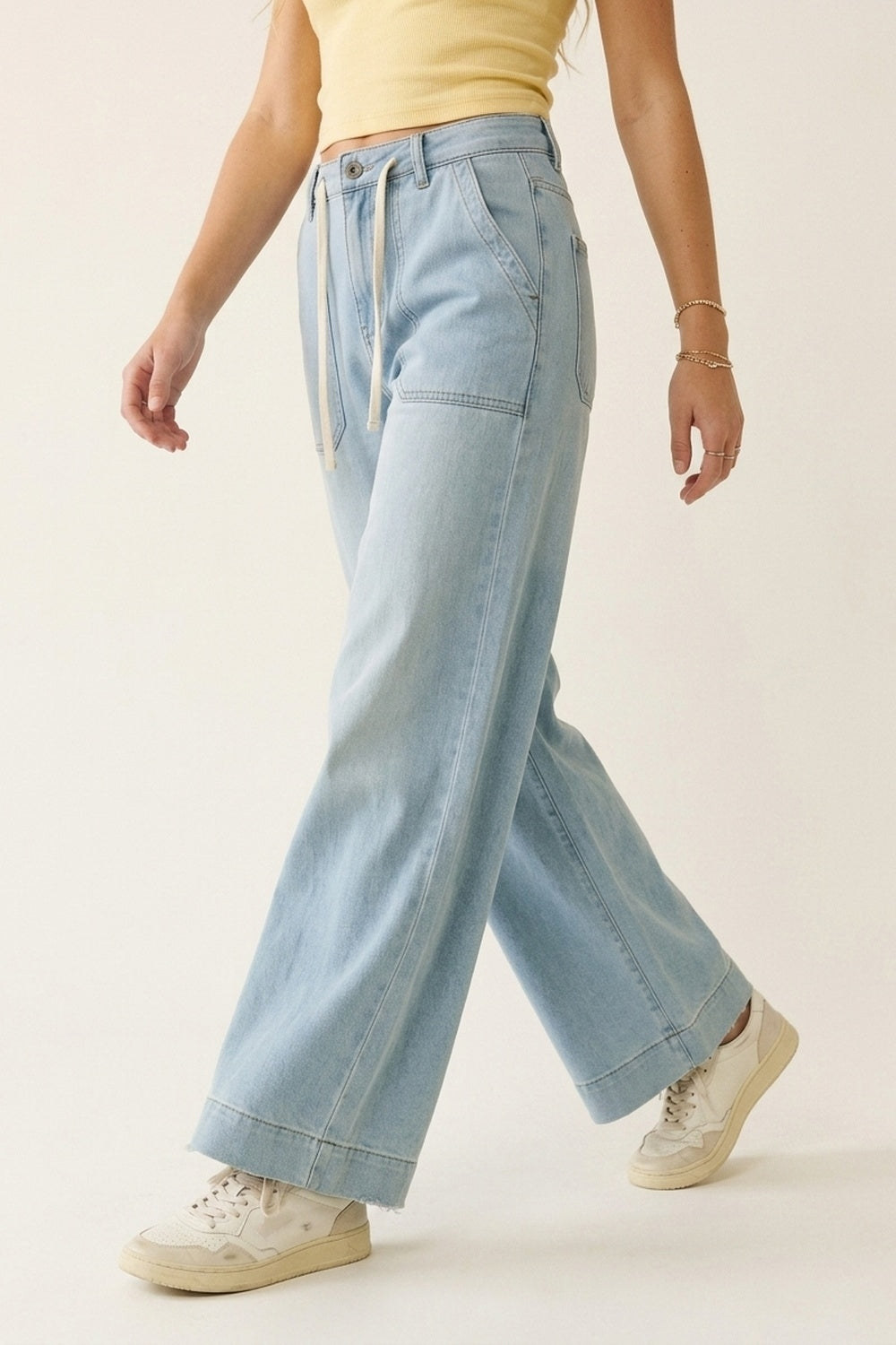 Light Blue Wide-Leg Denim Pants with Drawstring Waist - Denim
