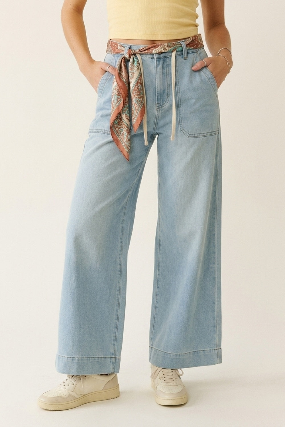 Light Blue Wide-Leg Denim Pants with Drawstring Waist - Denim