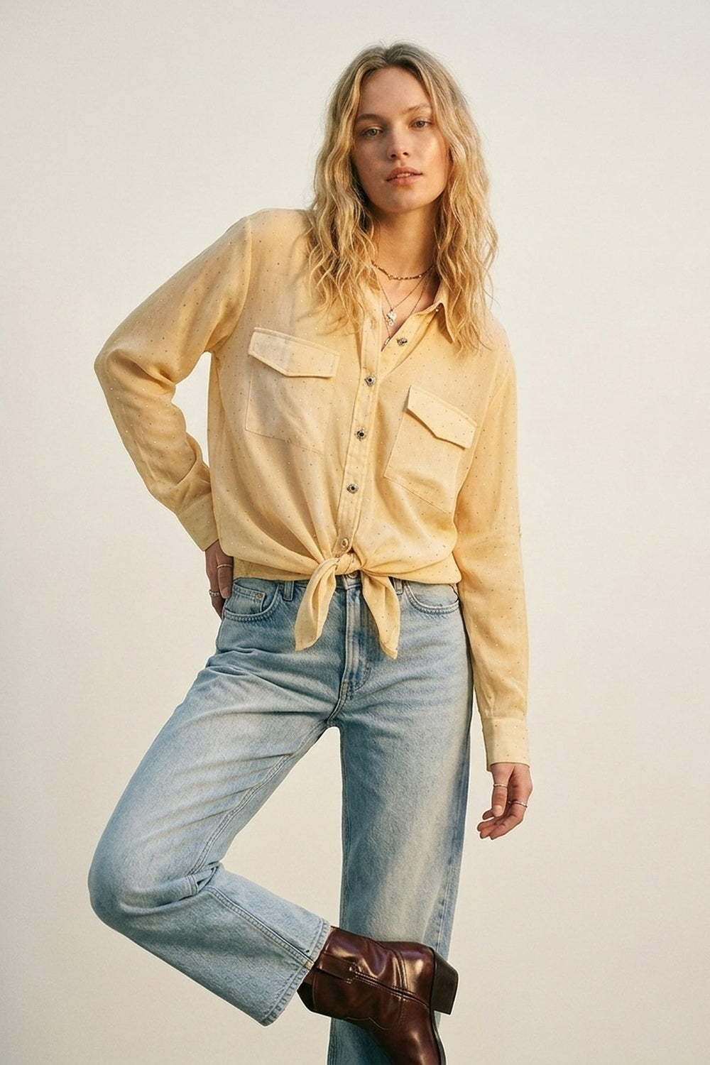 Yellow tie dye Shirt in chiffon with strass details - Shirts