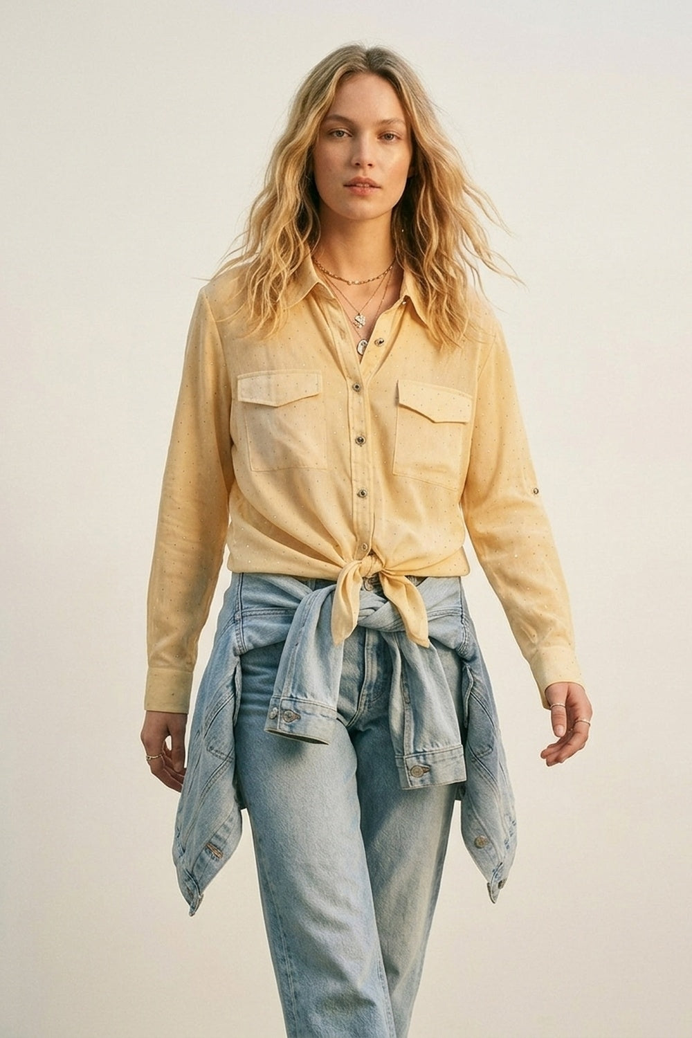 Yellow tie dye Shirt in chiffon with strass details - Shirts