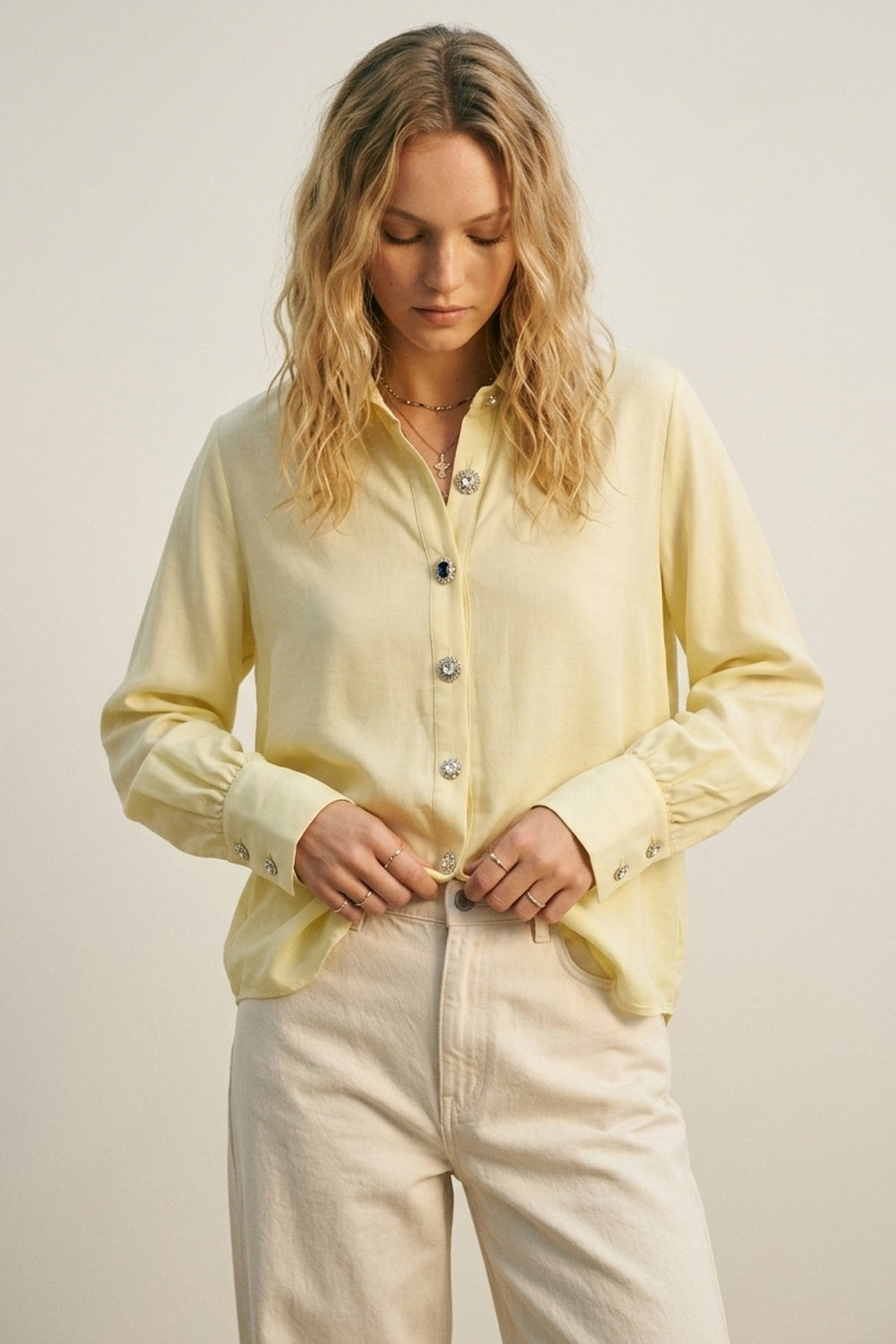 Butter Yellow Button-Up Shirt with buttons on cuff - Shirts