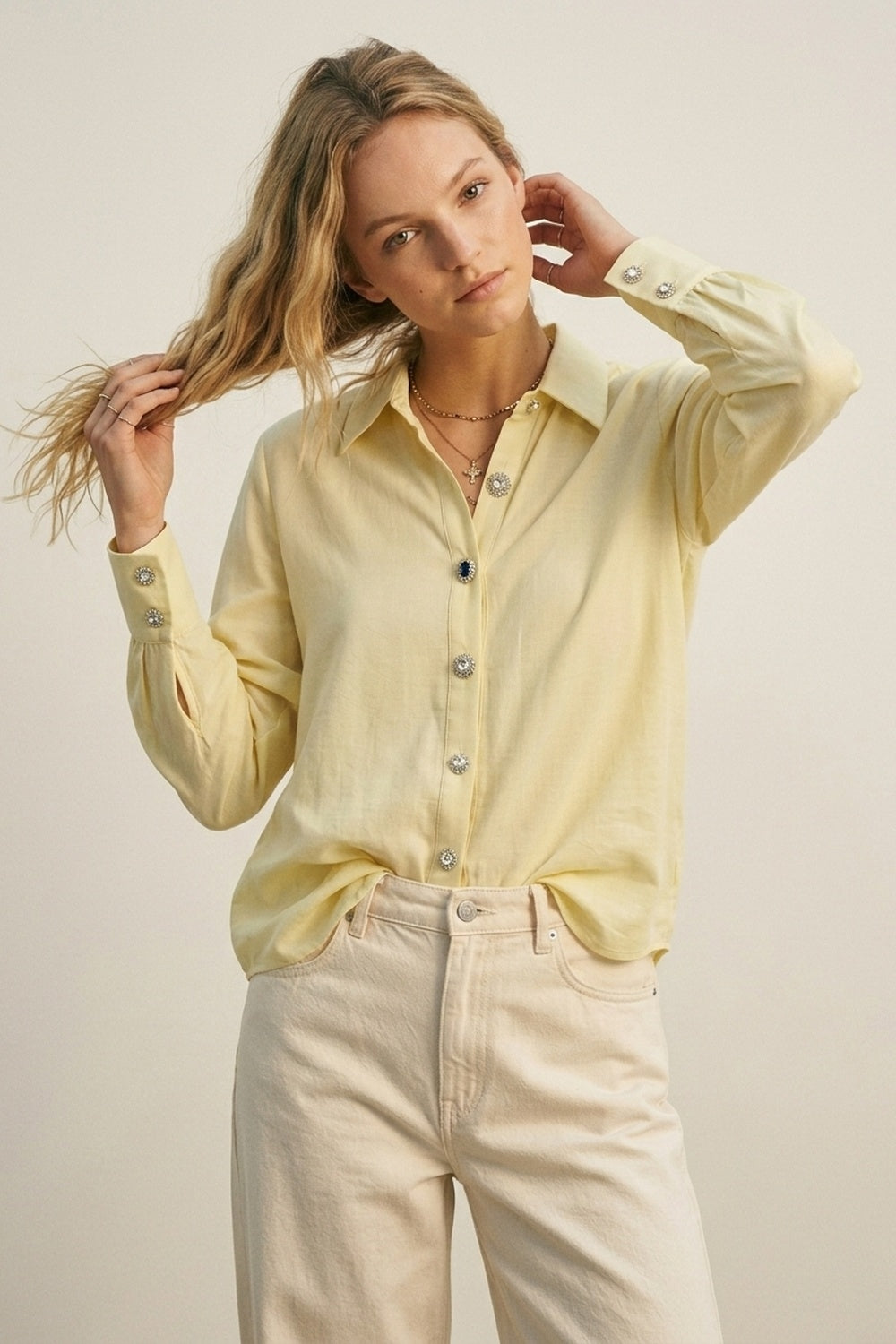 Butter Yellow Button-Up Shirt with buttons on cuff - Shirts