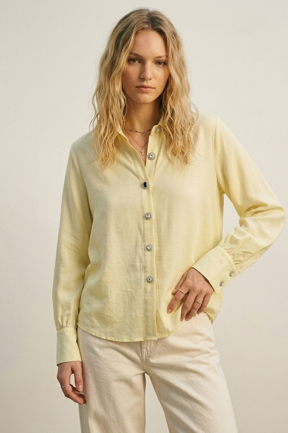 Butter Yellow Button-Up Shirt with buttons on cuff - Shirts
