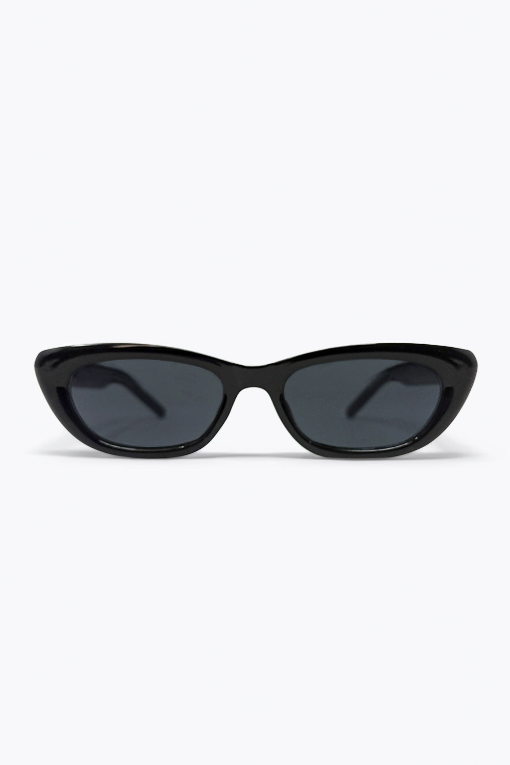 Black Glossy Cat Eye Metal Logo Detail Slim Sunglasses