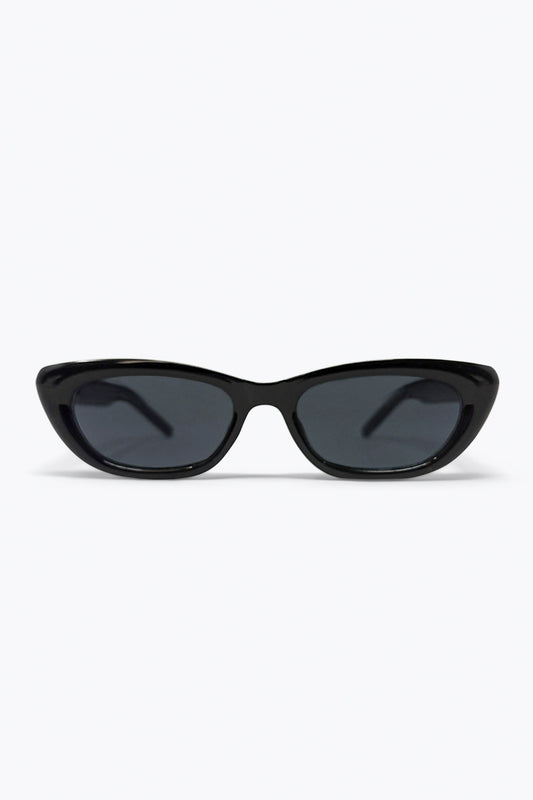 Black Glossy Cat Eye Metal Logo Detail Slim Sunglasses