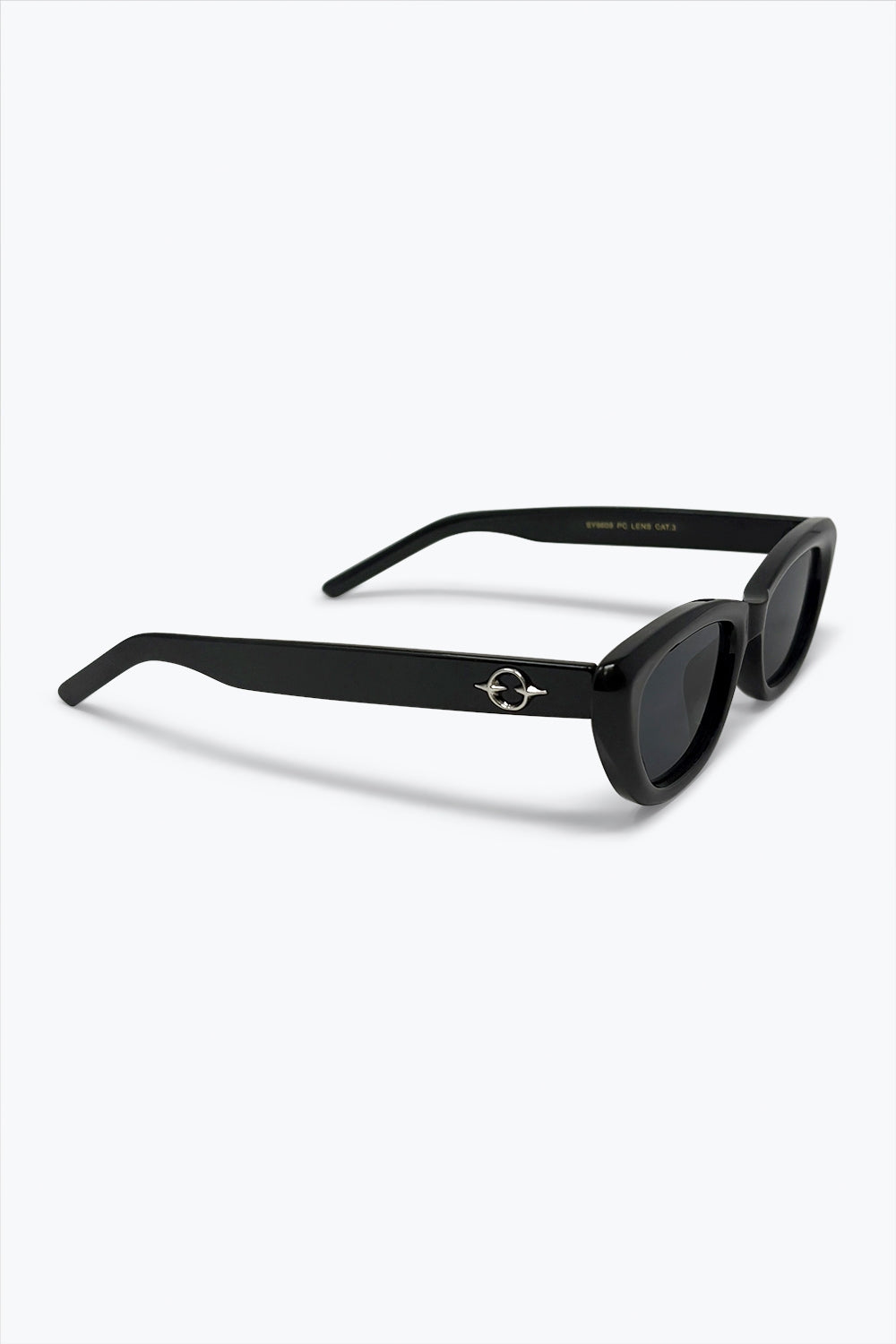Black Glossy Cat Eye Metal Logo Detail Slim Sunglasses