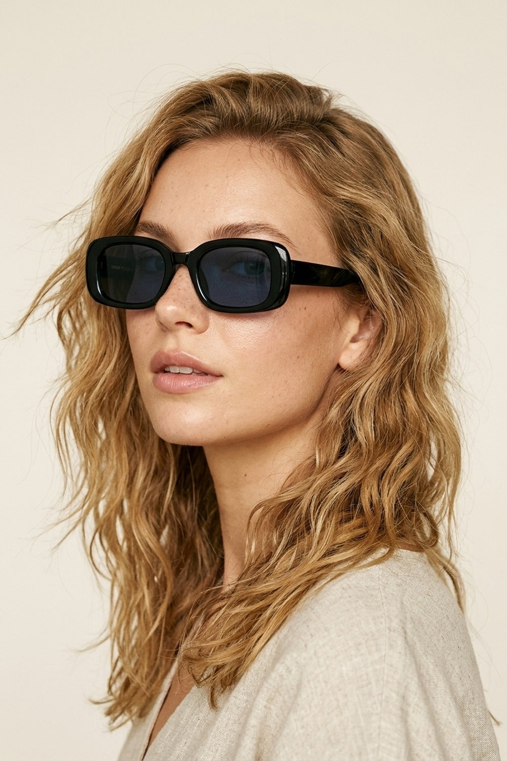 Black Rectangular Frame Glossy Acetate Narrow Sunglasses