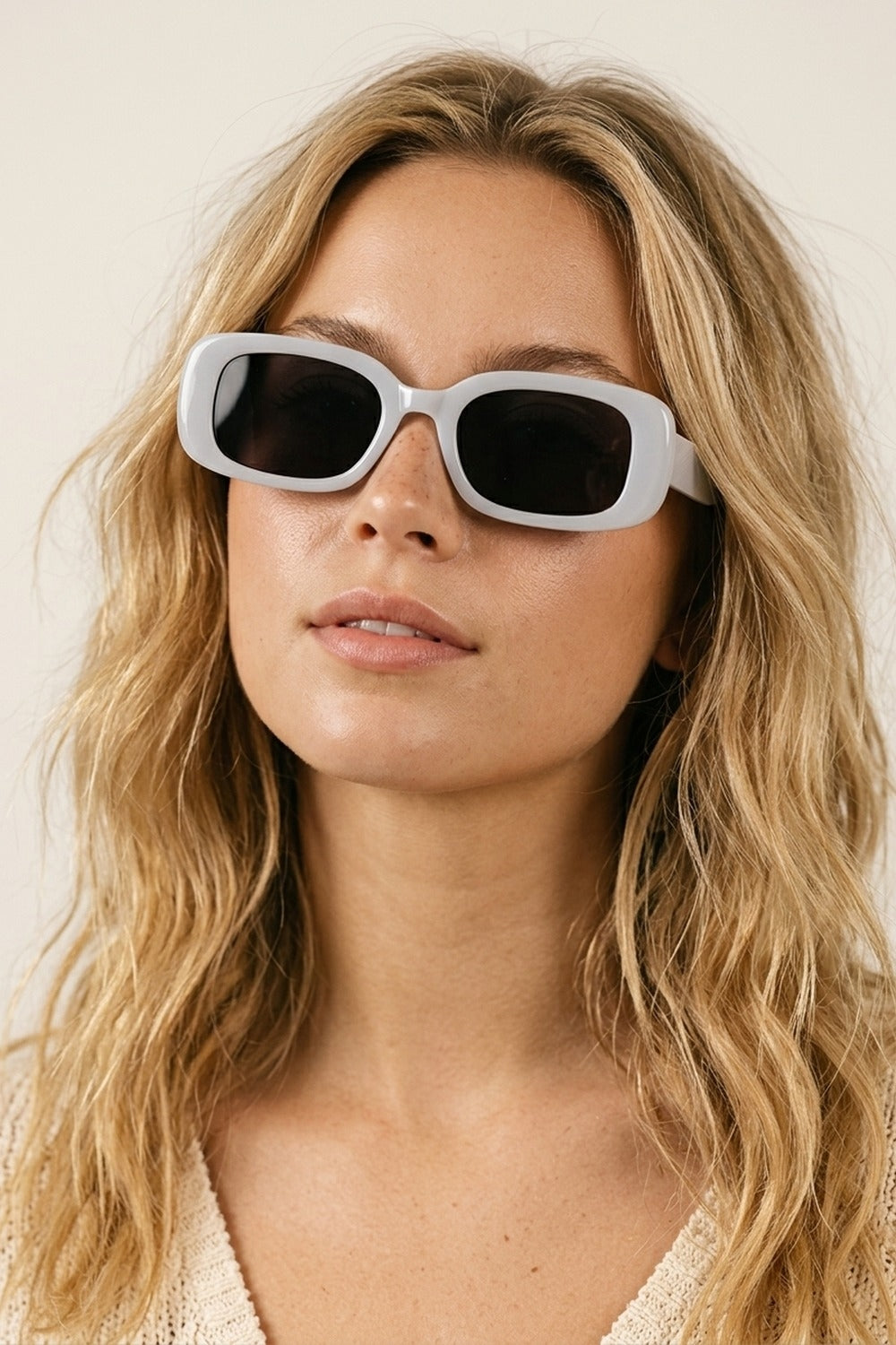 White Chunky Frame Rectangular Lens Modern Sunglasses