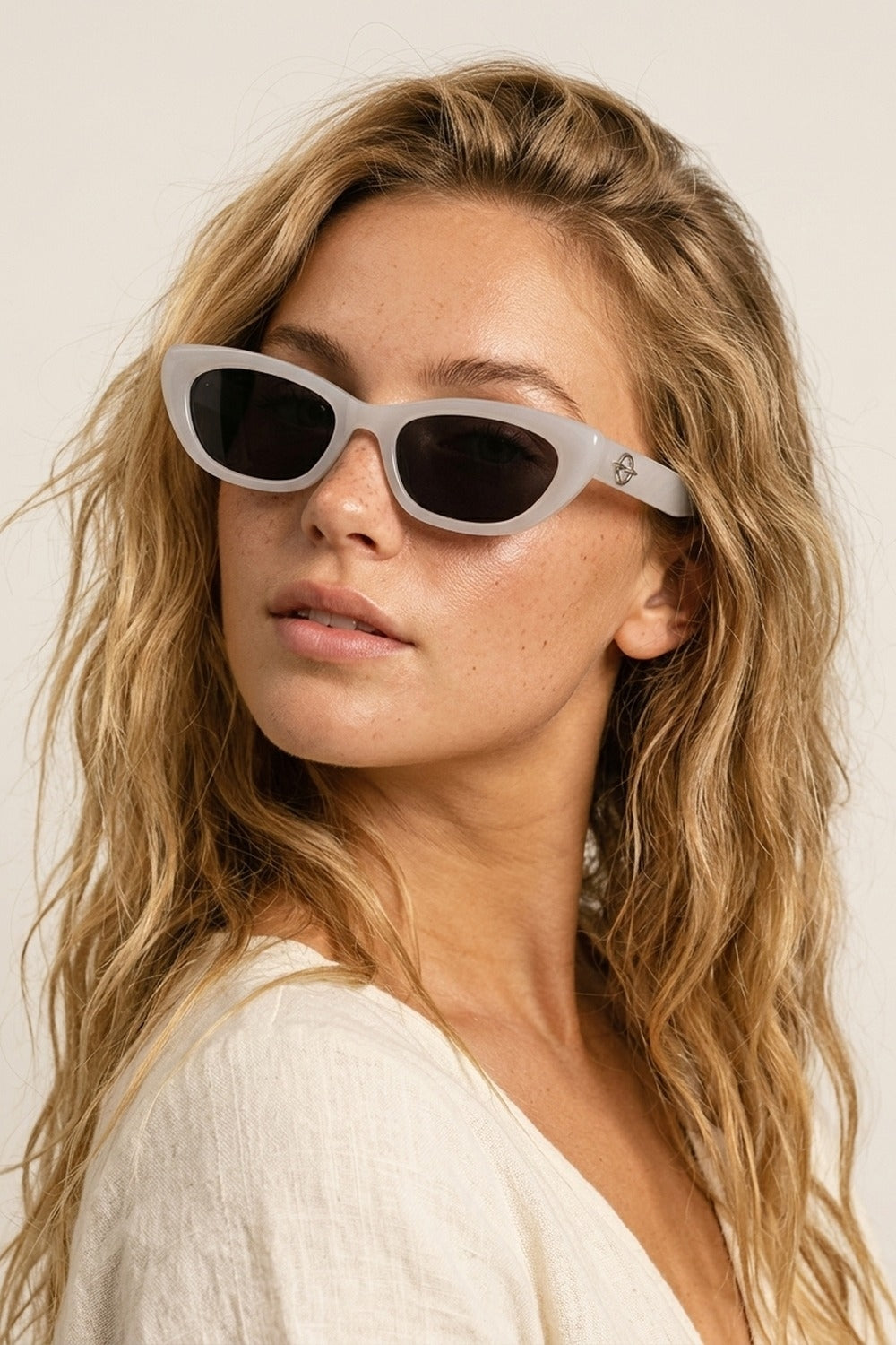 White Cat Eye Frame Silver Logo Detail Sunglasses