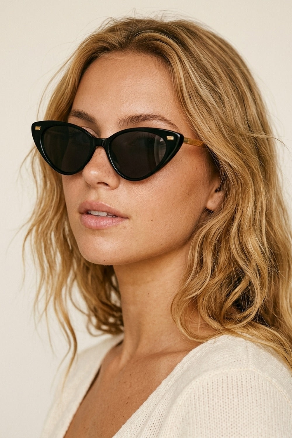 Black Cat Eye Glossy Frame Gold Detail Sunglasses