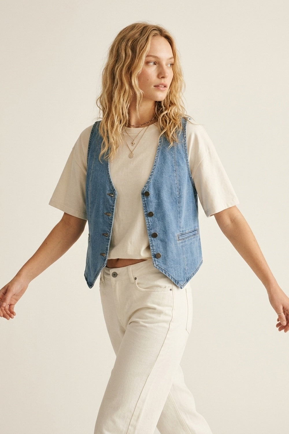 Light Blue Denim Vest with Button Closure