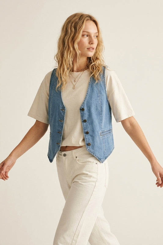 Light Blue Denim Vest with Button Closure
