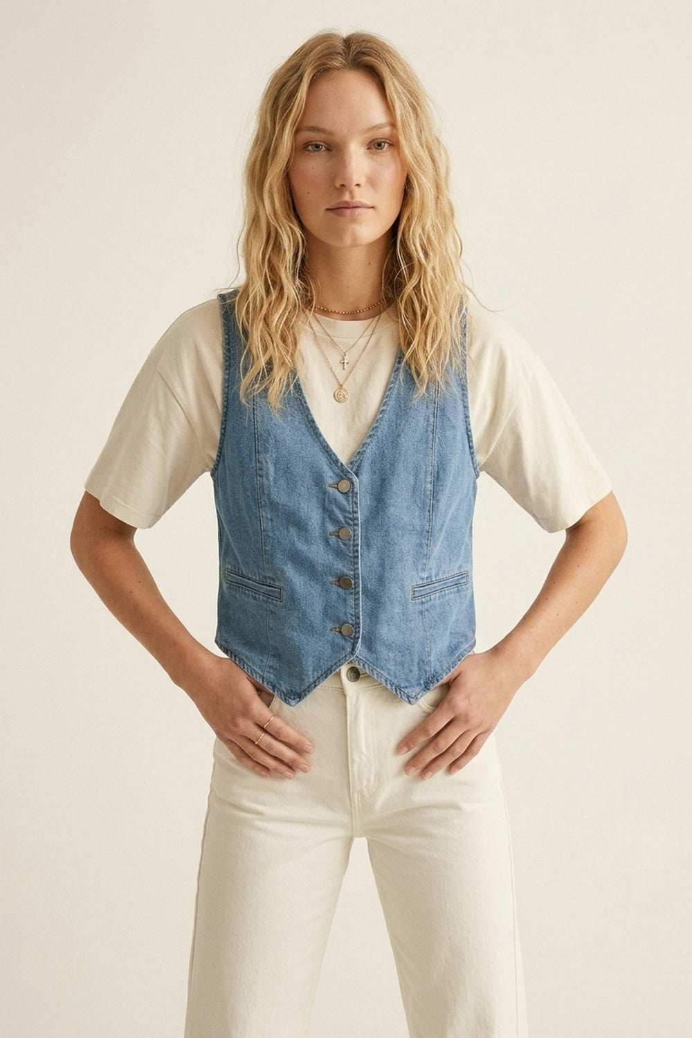 Light Blue Denim Vest with Button Closure