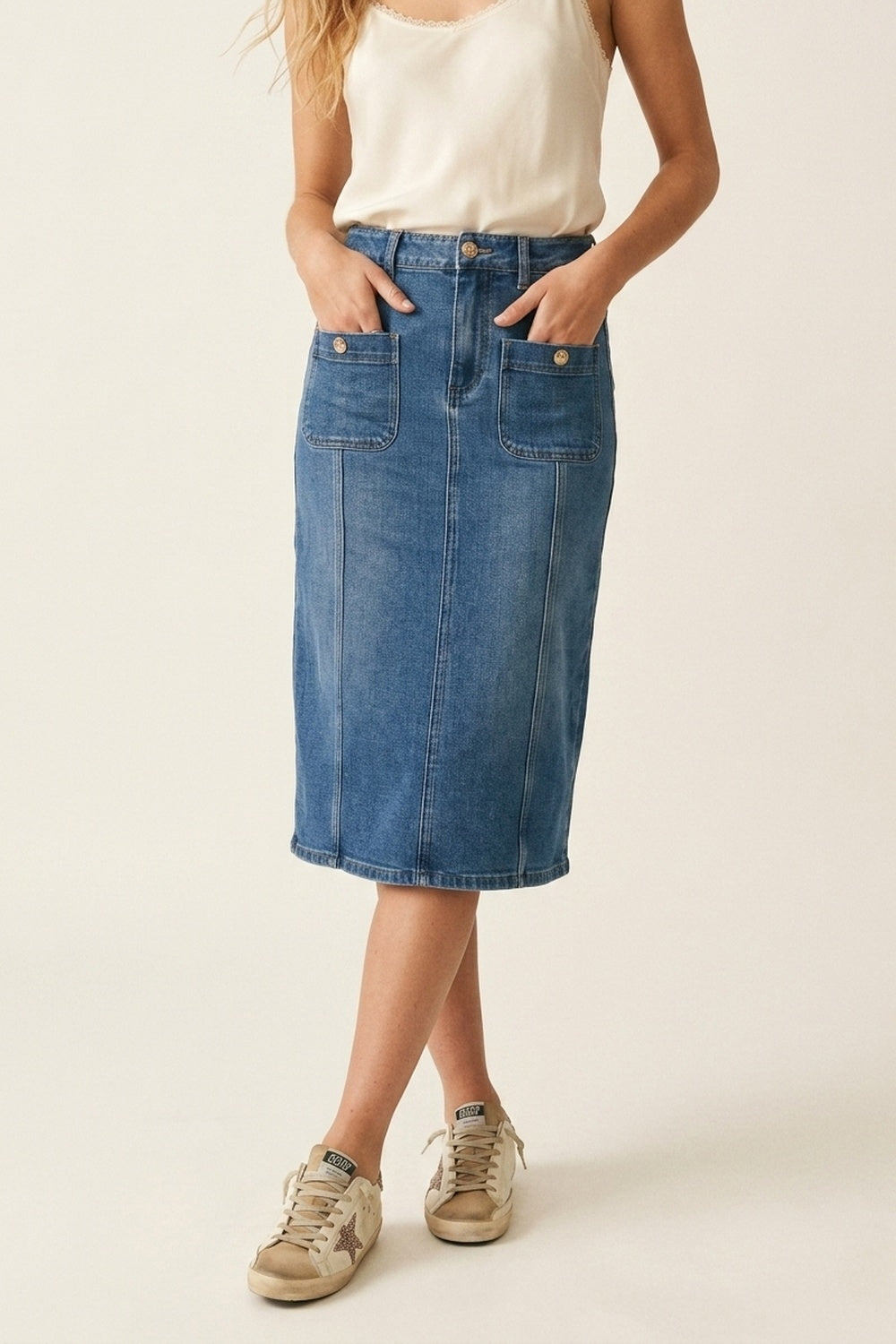 Mid Wash Denim Midi Skirt with Front Patch Pockets