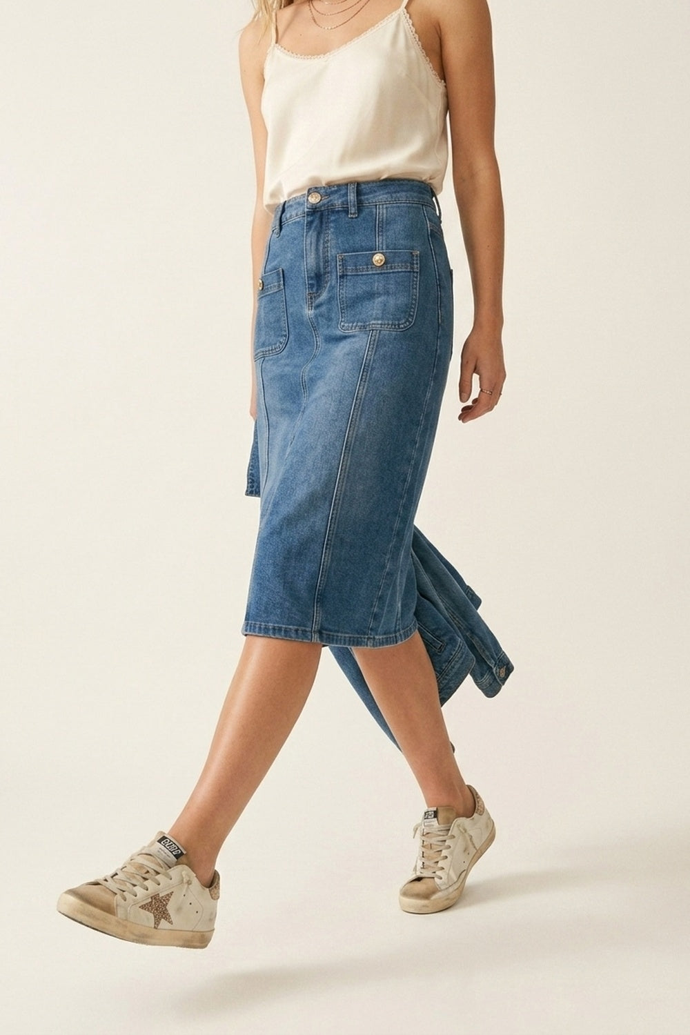 Mid Wash Denim Midi Skirt with Front Patch Pockets
