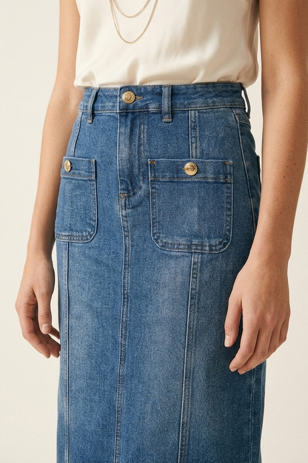 Mid Wash Denim Midi Skirt with Front Patch Pockets