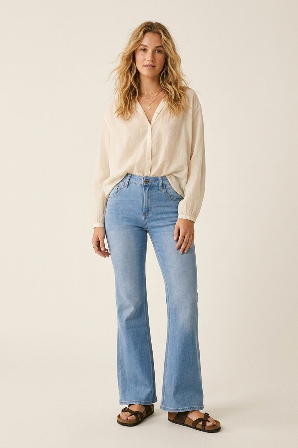 Light Wash Flared Stretch Jeans - Denim