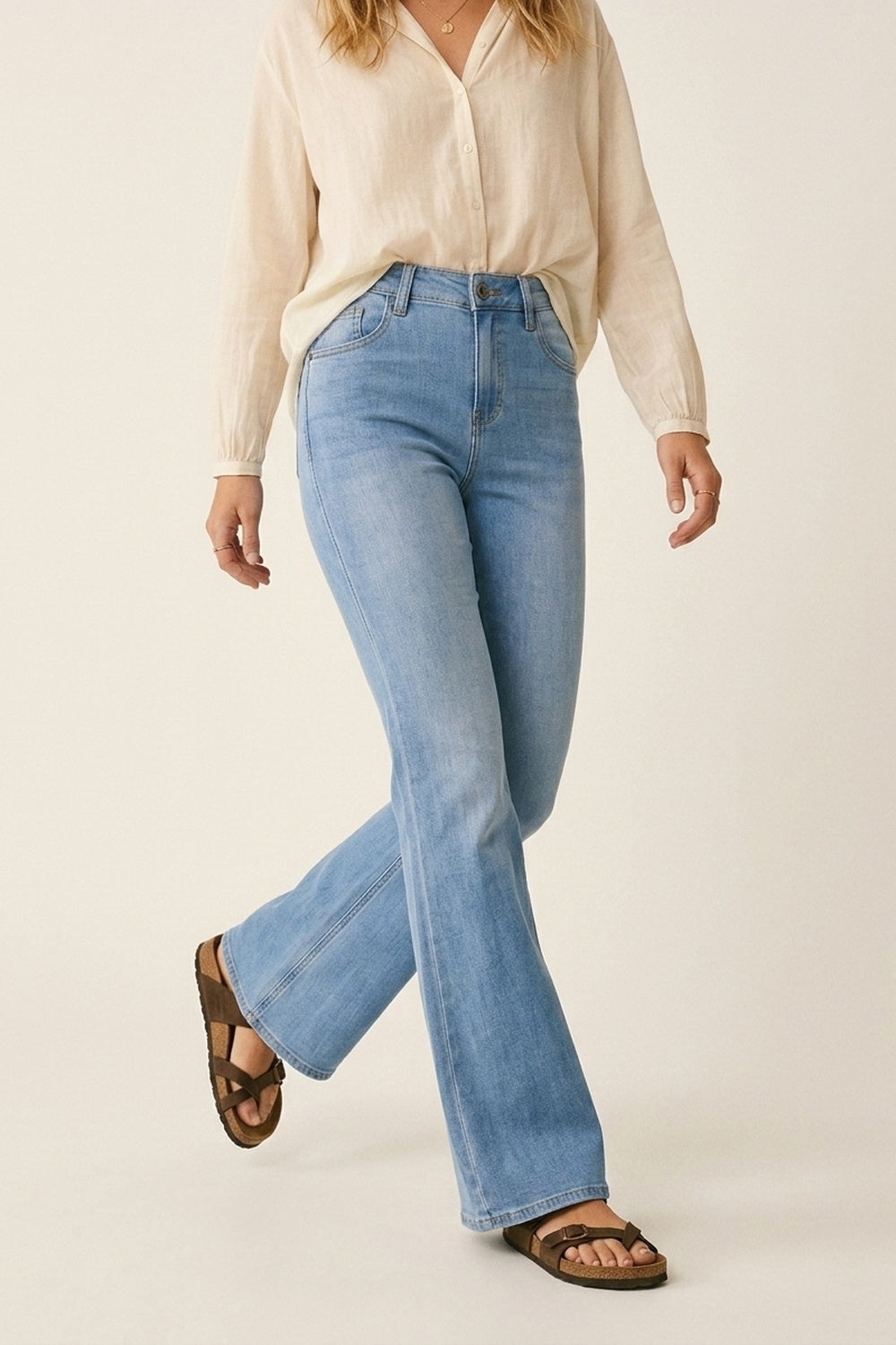 Light Wash Flared Stretch Jeans - Denim