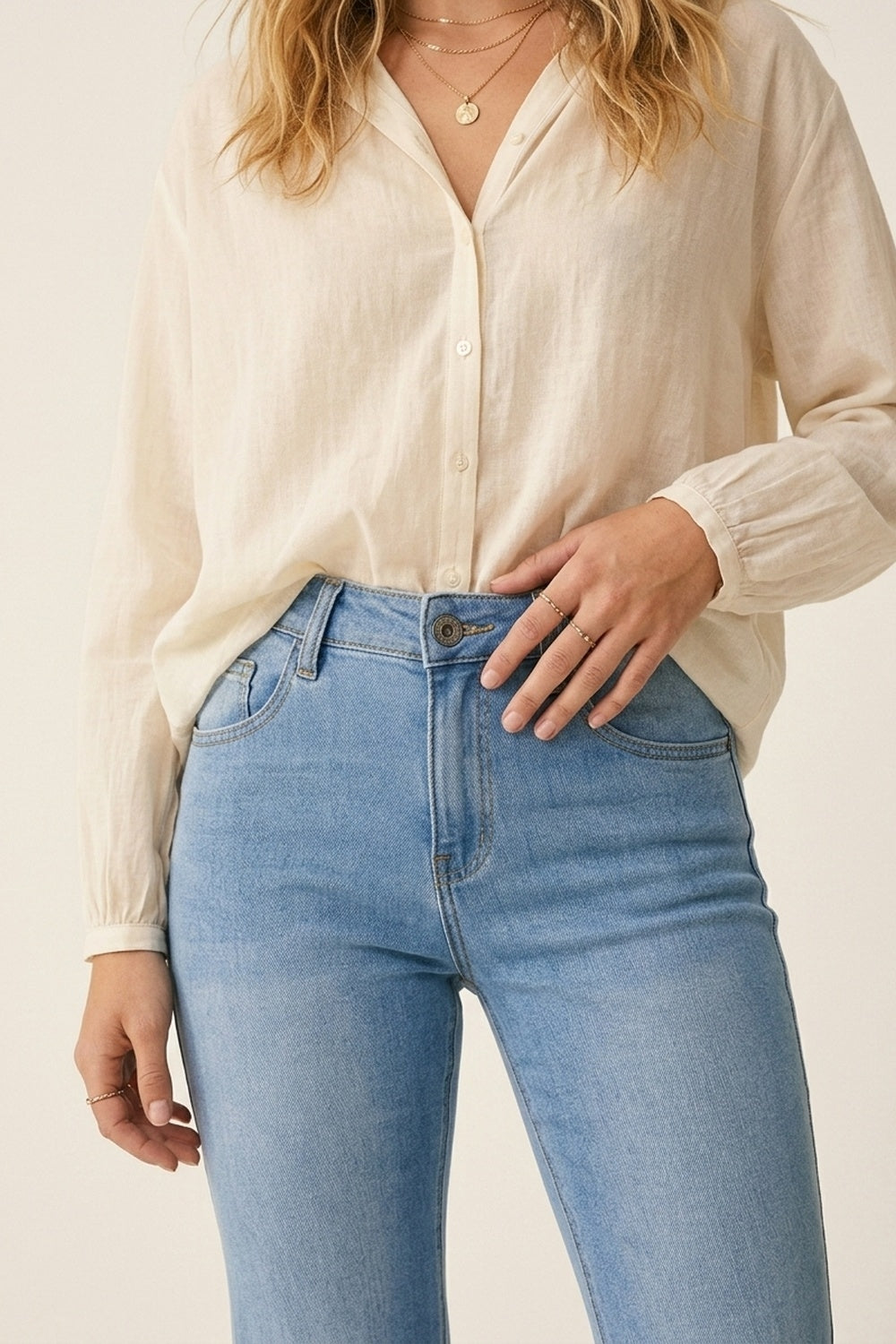 Light Wash Flared Stretch Jeans - Denim