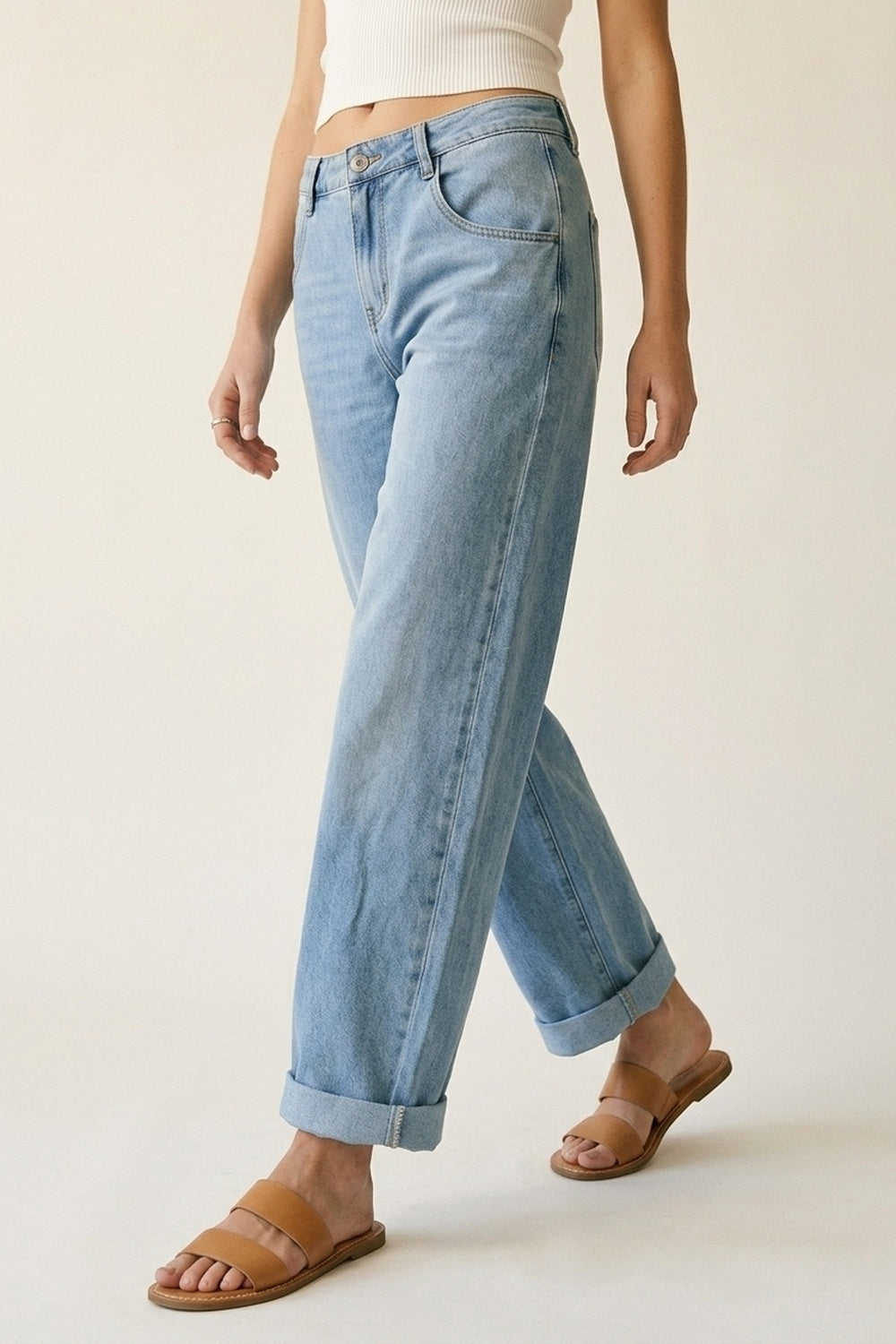 Light Wash Straight Leg Stretch Jeans With Rolled Hem - Denim