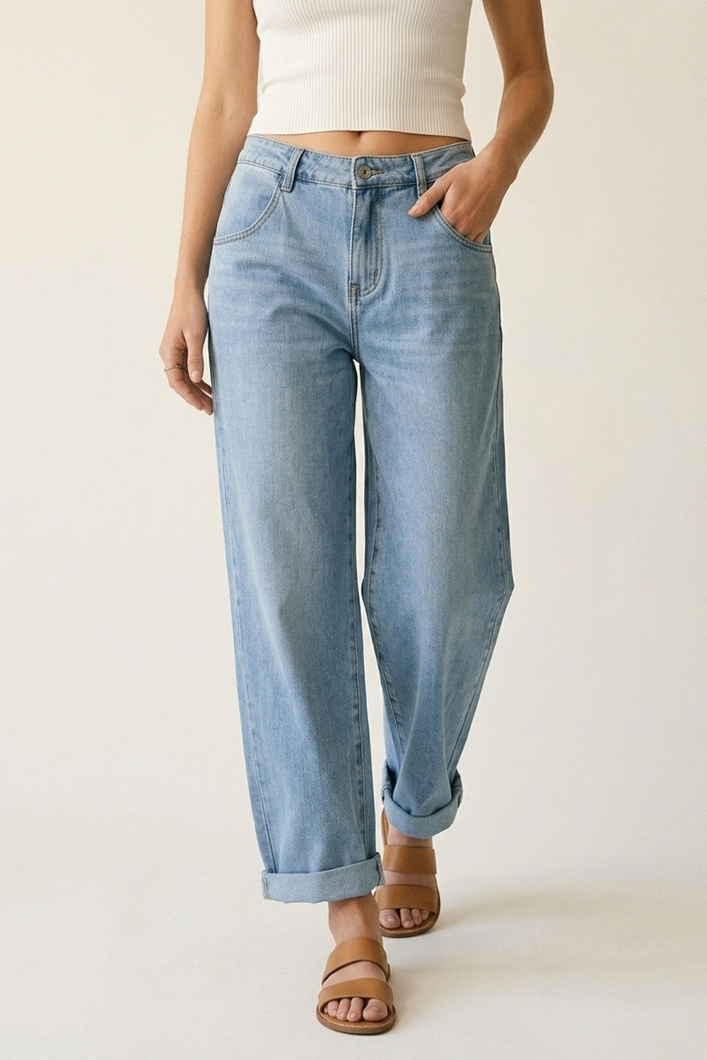 Light Wash Straight Leg Stretch Jeans With Rolled Hem - Denim