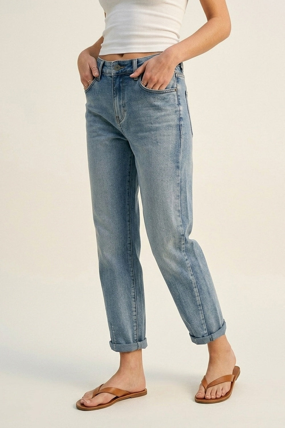 Vintage Wash Mom-fit Stretch Jeans - Denim