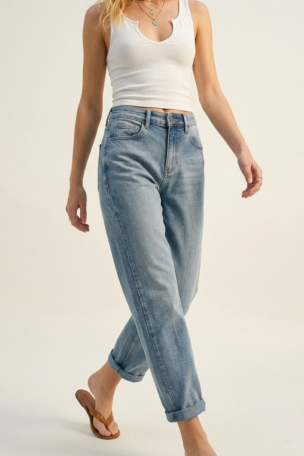 Vintage Wash Mom-fit Stretch Jeans - Denim