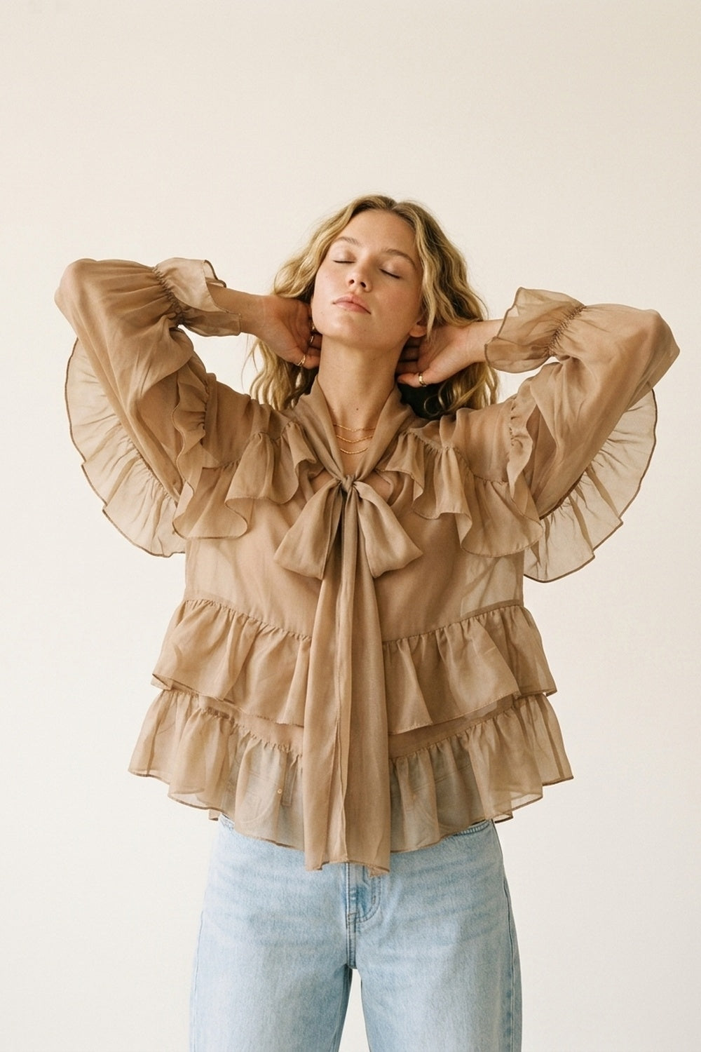 Camel Ruffled Sheer Blouse in chiffon fabric - Shirts
