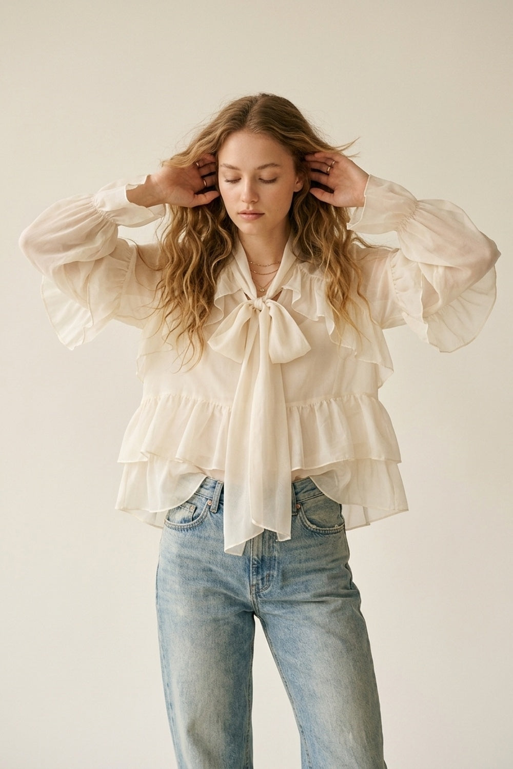 Cream Ruffled Sheer Blouse in chiffon fabric - Shirts