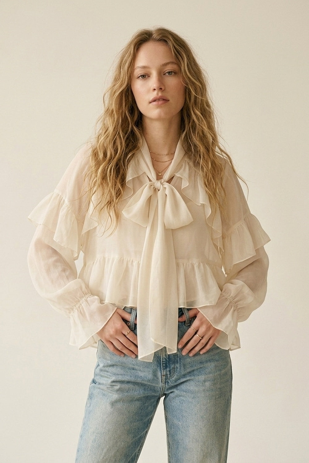 Cream Ruffled Sheer Blouse in chiffon fabric - Shirts