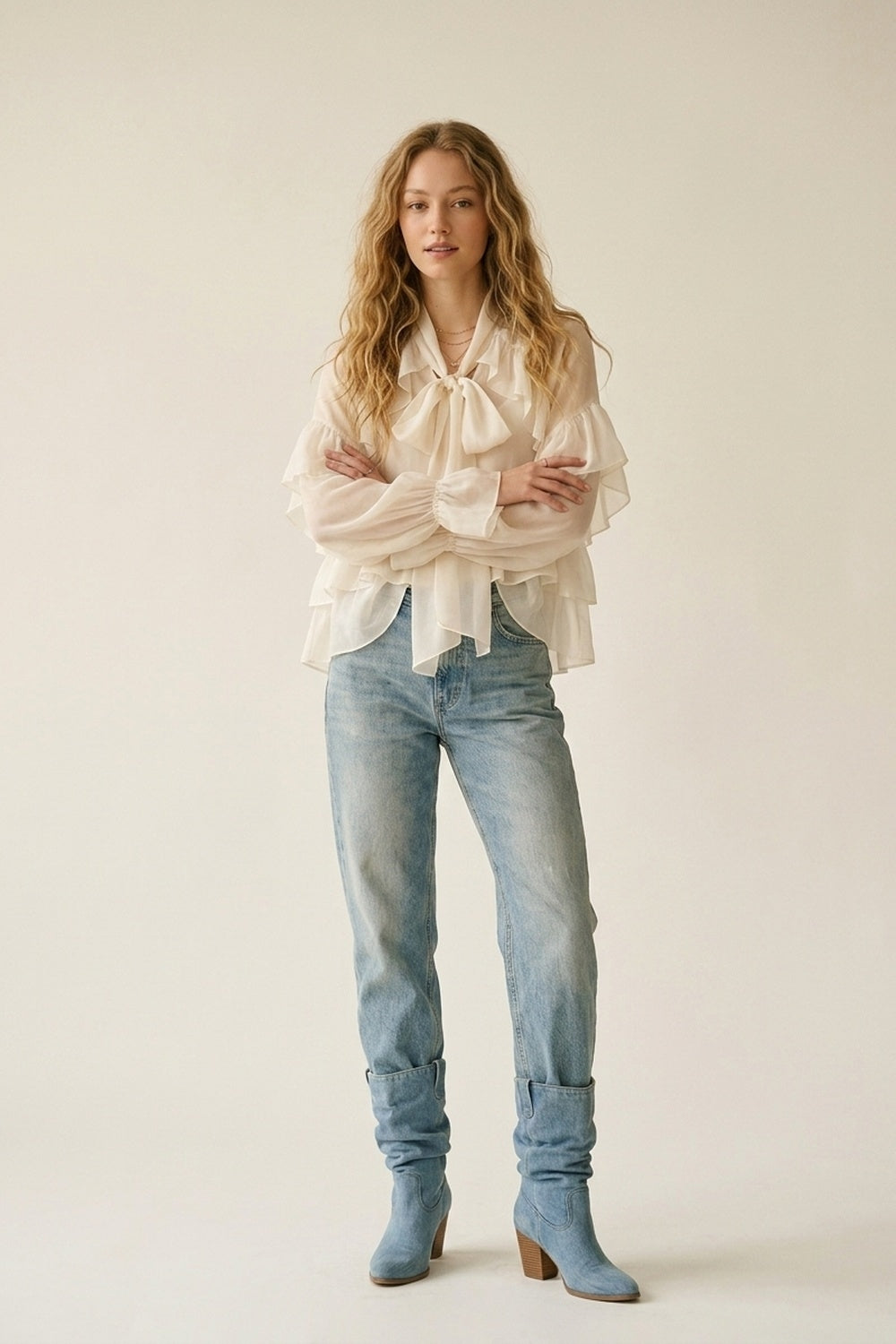 Cream Ruffled Sheer Blouse in chiffon fabric - Shirts