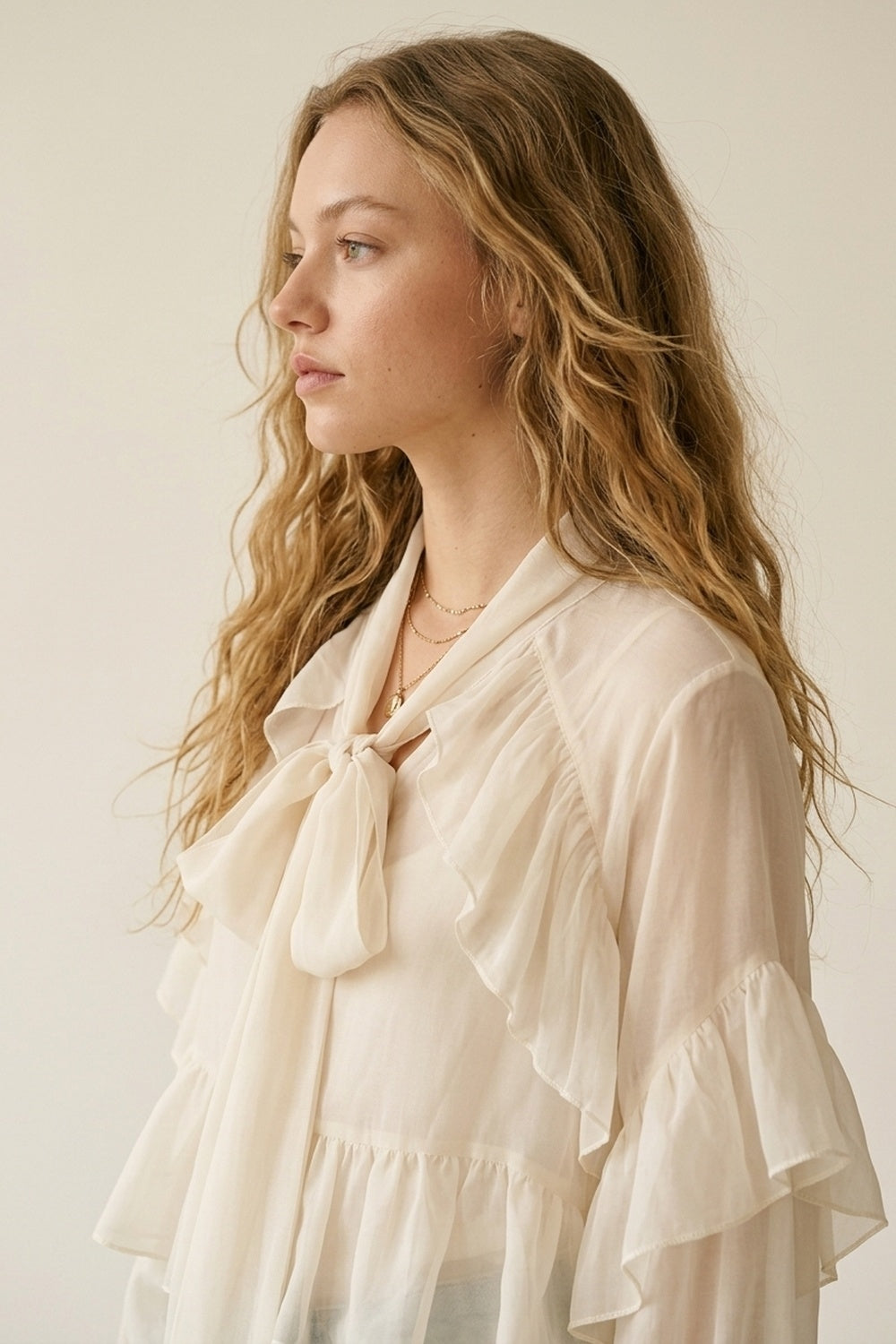 Cream Ruffled Sheer Blouse in chiffon fabric - Shirts