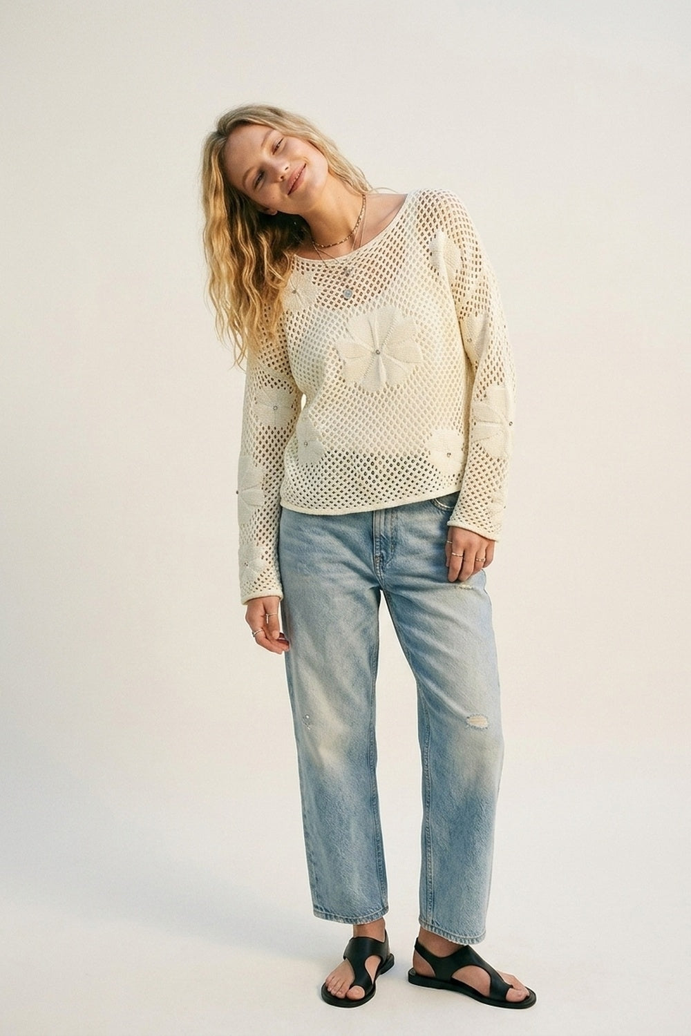 Cream Crochet Floral Accent With Diamante Long Sleeve Sweater