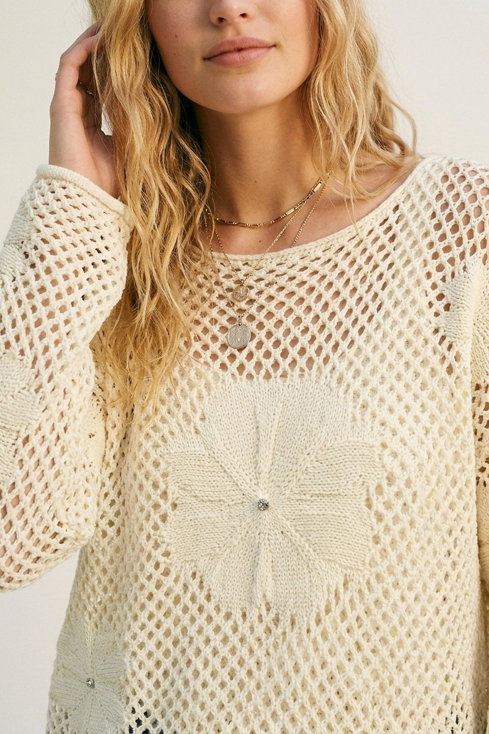Cream Crochet Floral Accent With Diamante Long Sleeve Sweater