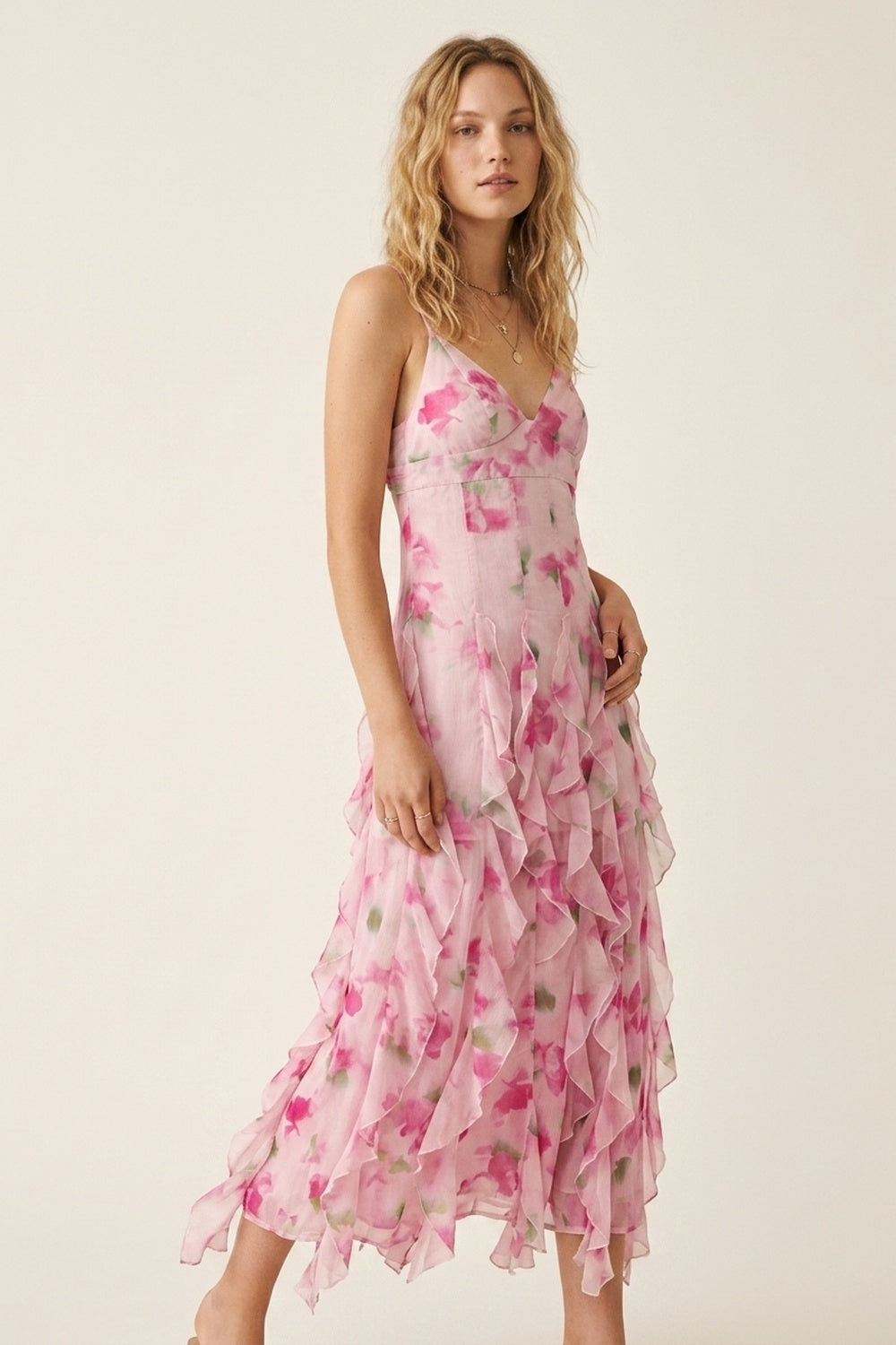 White and Pink Floral Maxi Prom Dress with Ruffles - dress