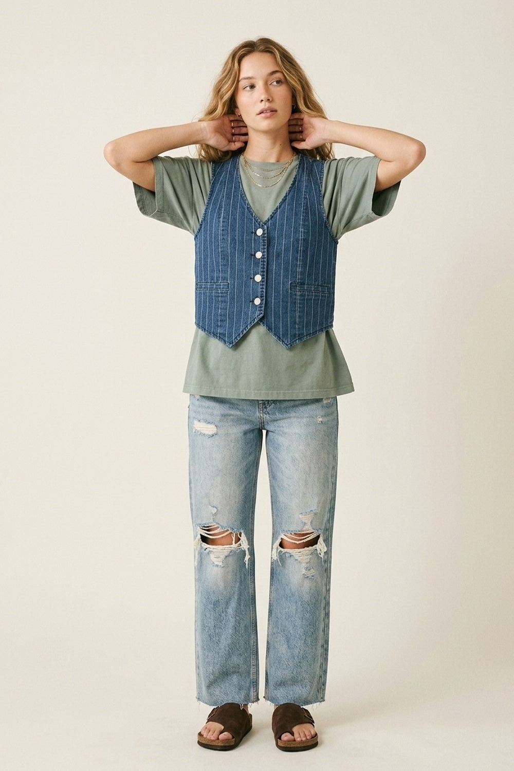Blue Pinstripe Denim Button-Front Vest