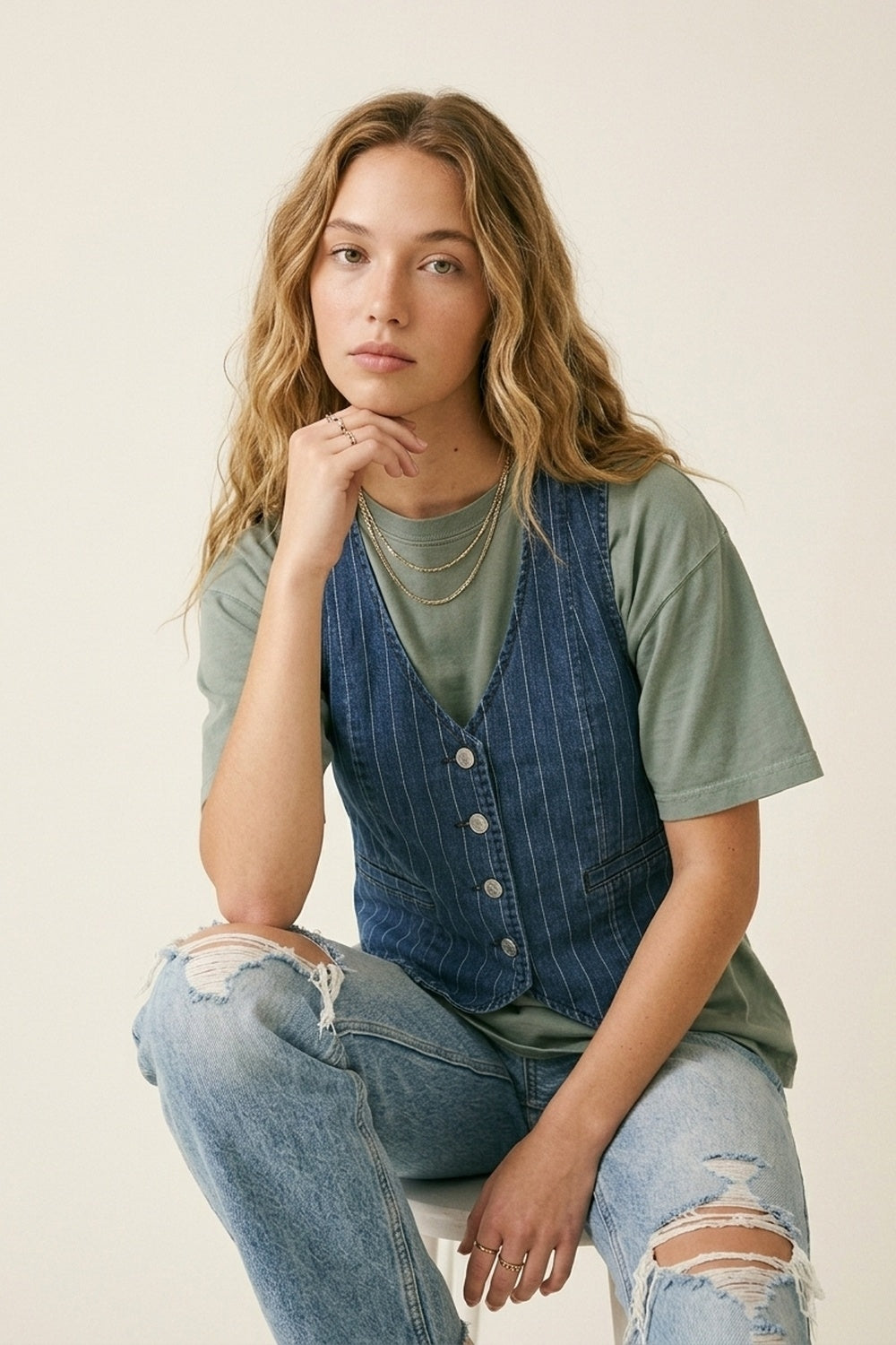 Blue Pinstripe Denim Button-Front Vest
