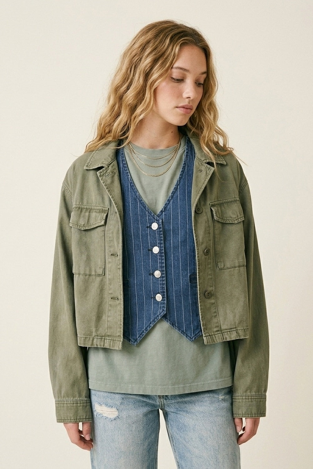 Blue Pinstripe Denim Button-Front Vest