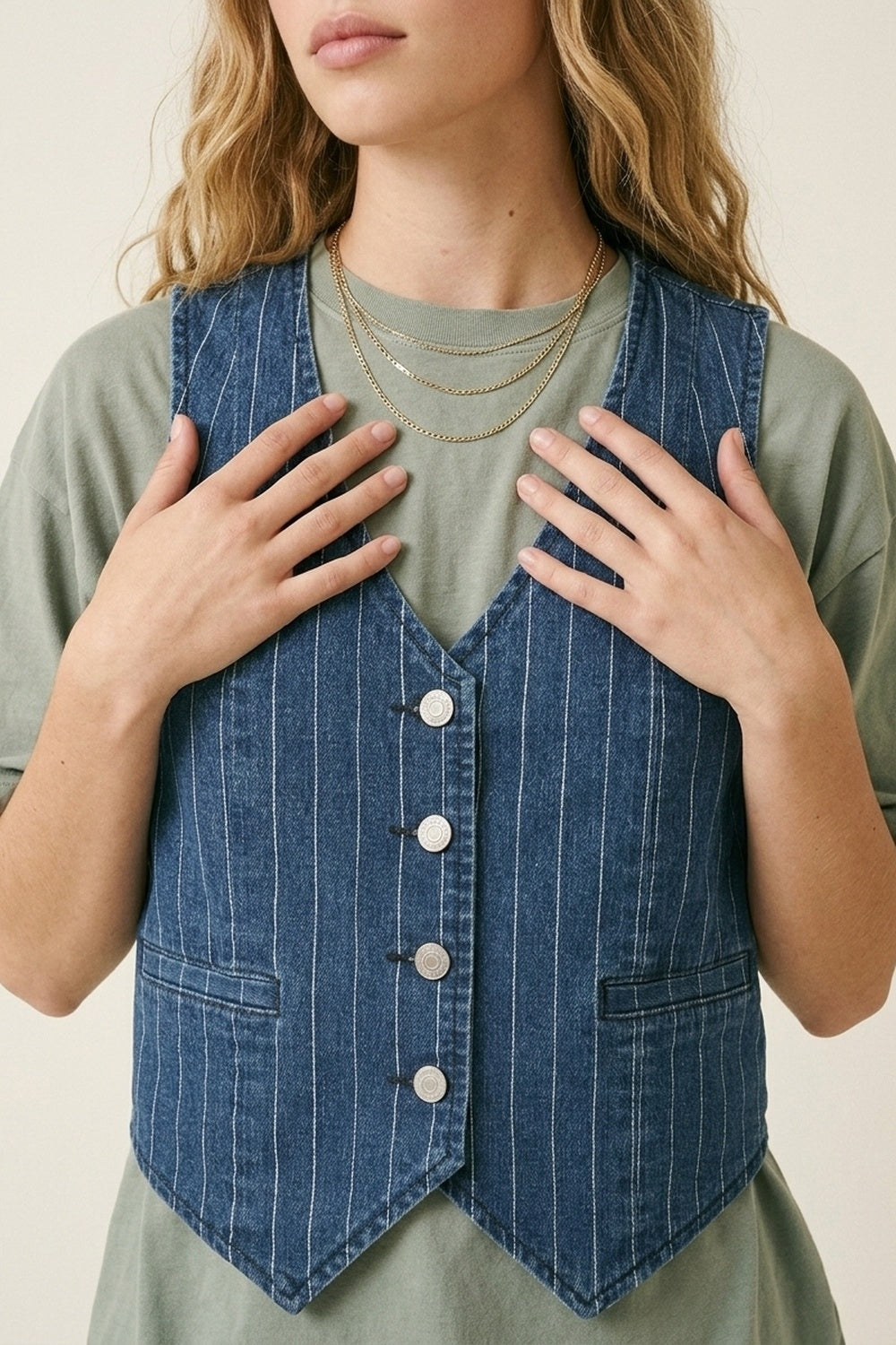 Blue Pinstripe Denim Button-Front Vest