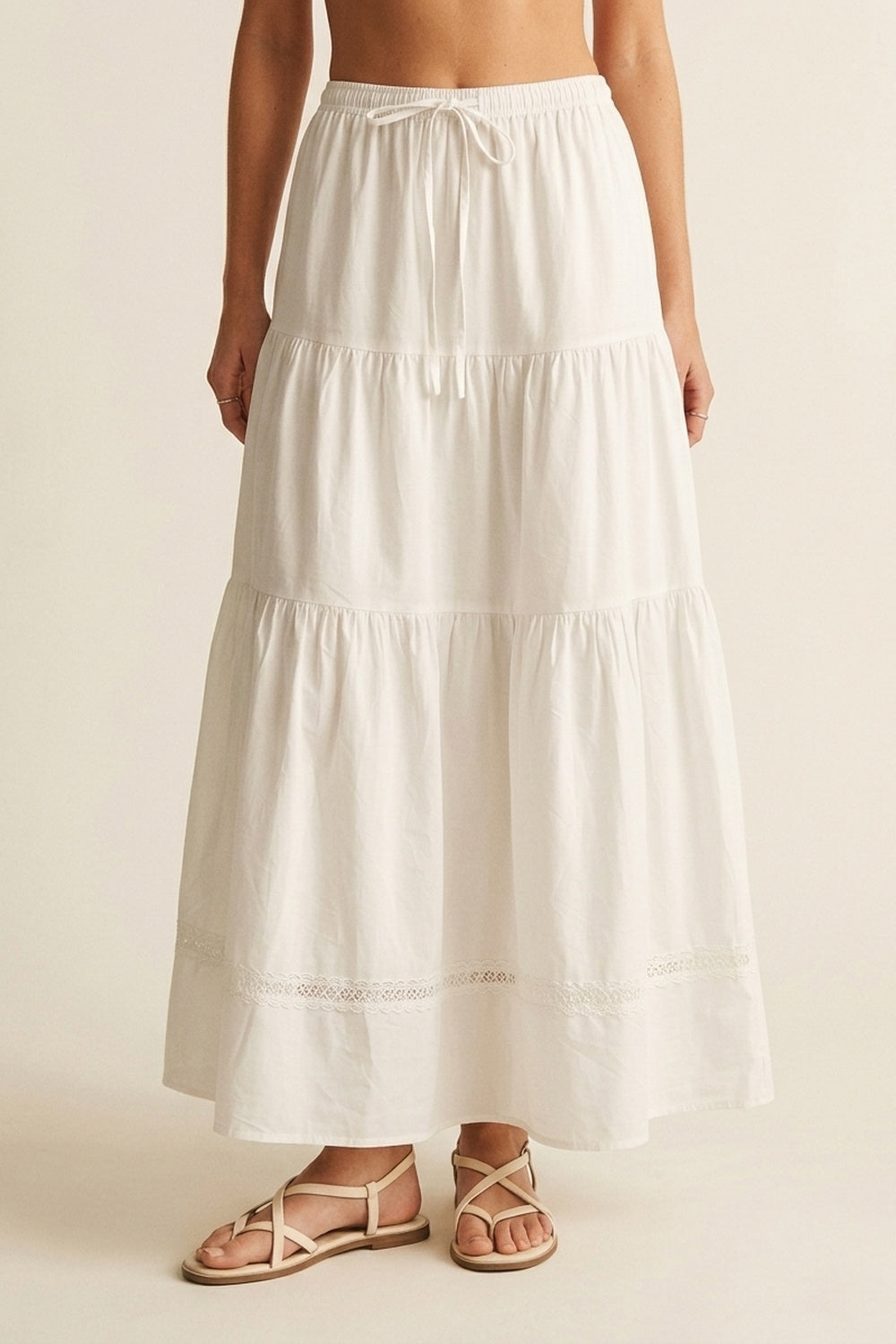White poplin Maxi Skirt with Lace Detail