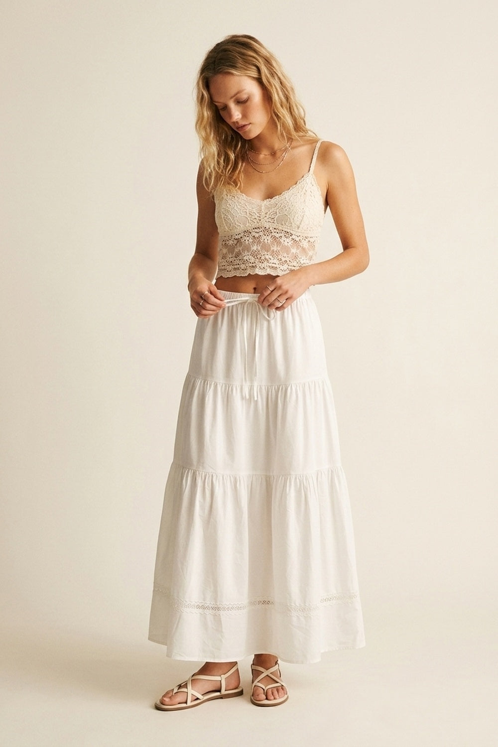 White poplin Maxi Skirt with Lace Detail