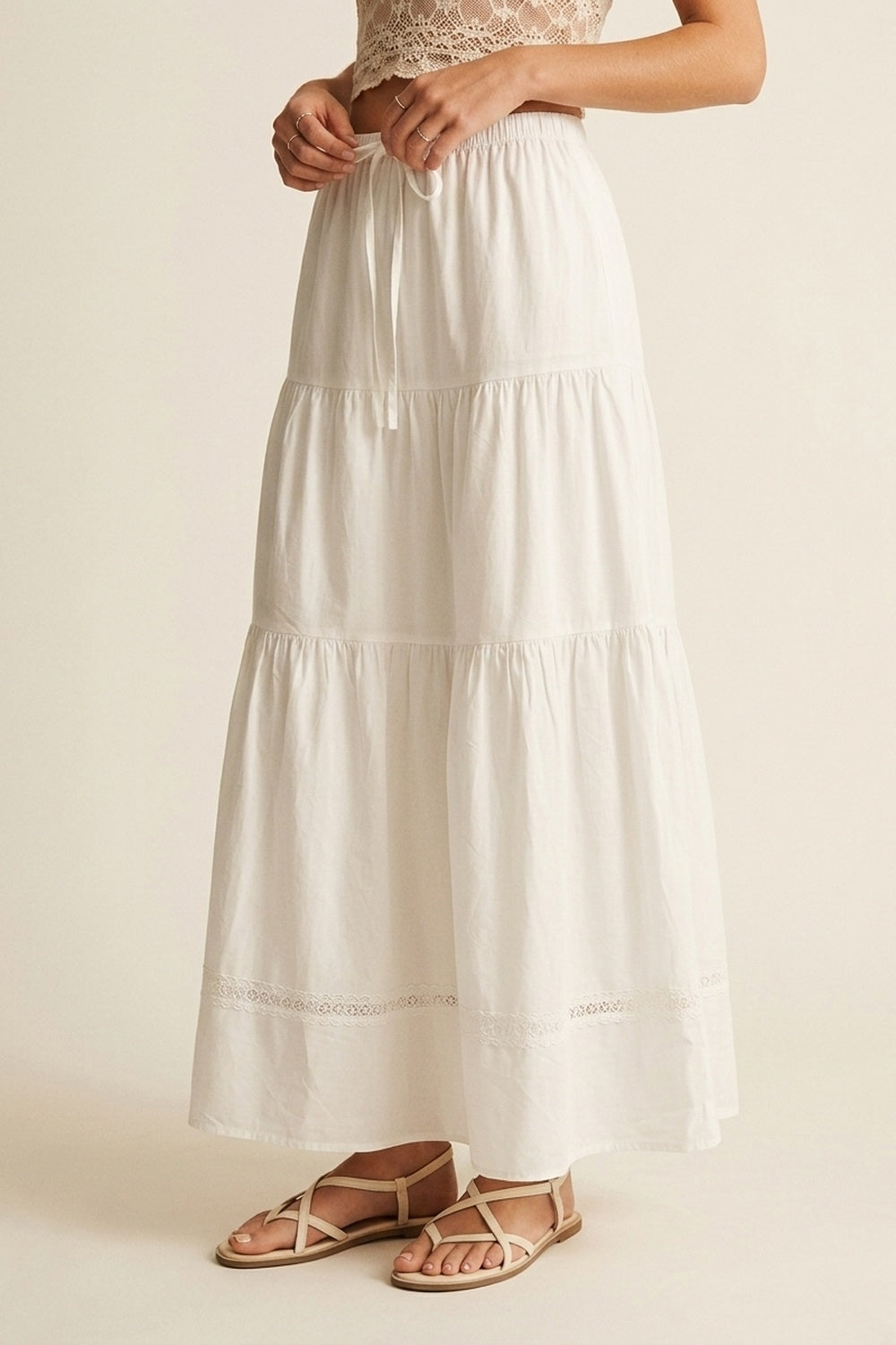 White poplin Maxi Skirt with Lace Detail
