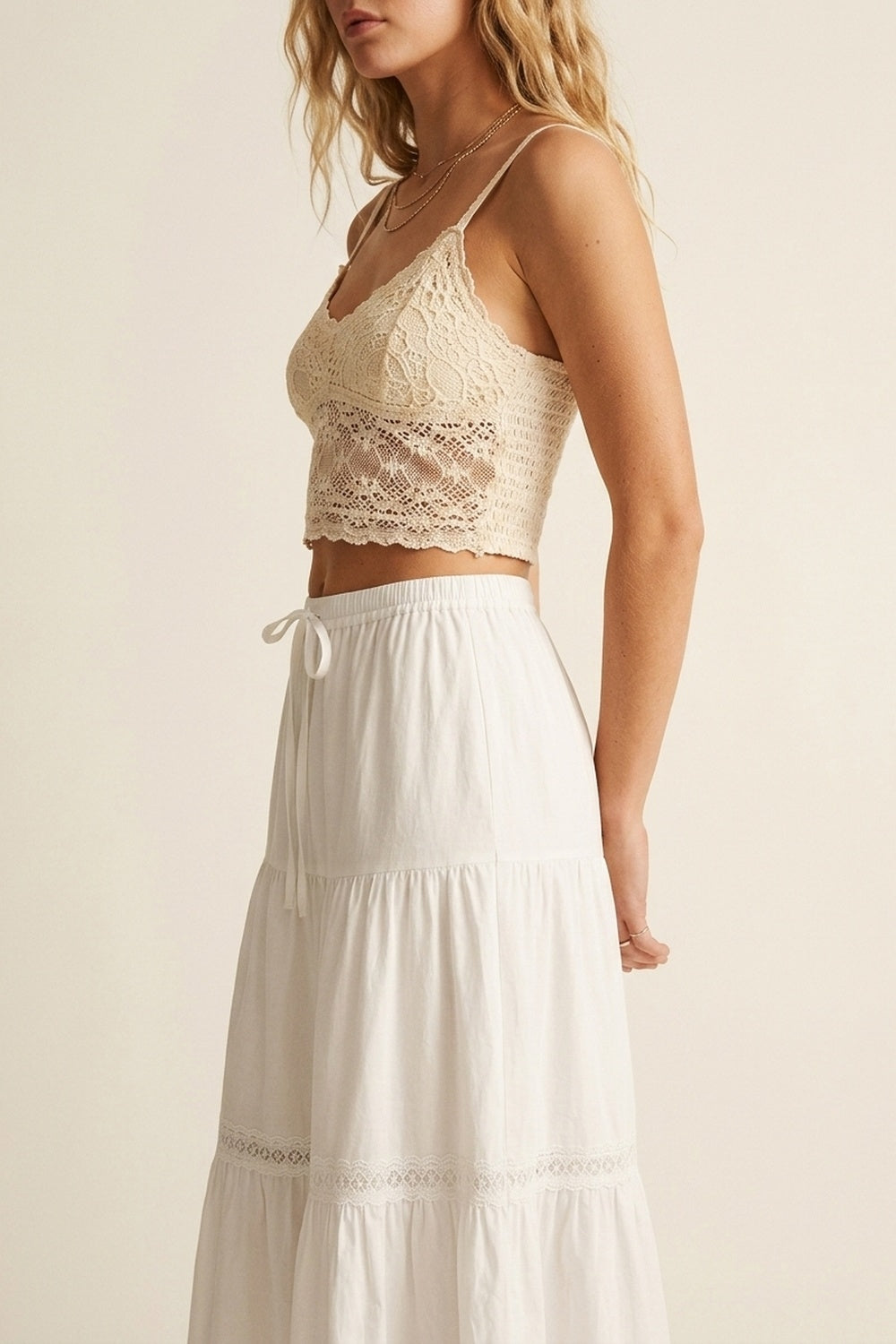 White poplin Maxi Skirt with Lace Detail